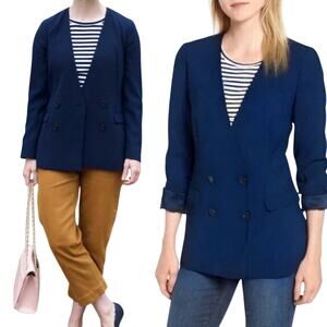 J Crew French Girl Collarless Blazer Double Breasted Button Down Navy Womens 8